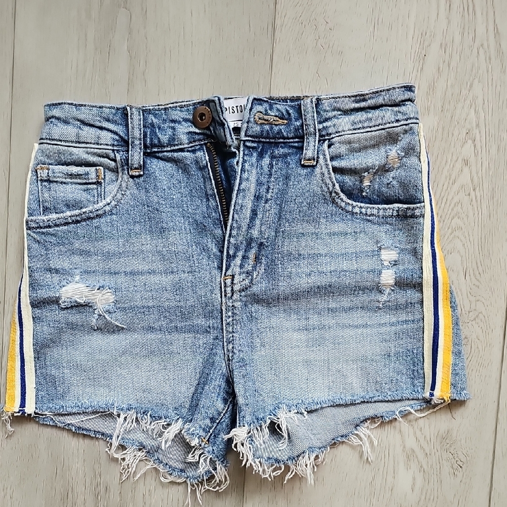 Pistola Blue Distressed Jean Shorts with Sporty Stripes